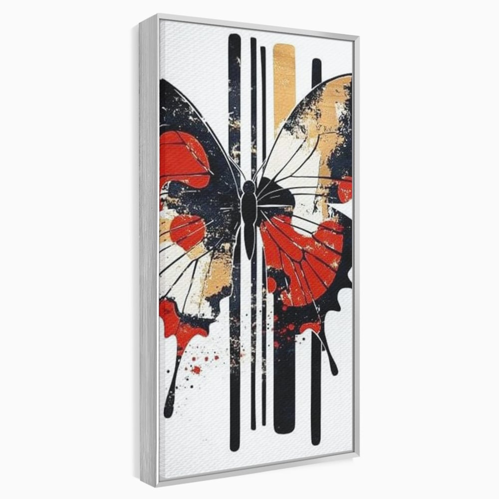 Tablou canvas cu tablou canvas cu fluture grafic, in rama de aluminiu argintiu